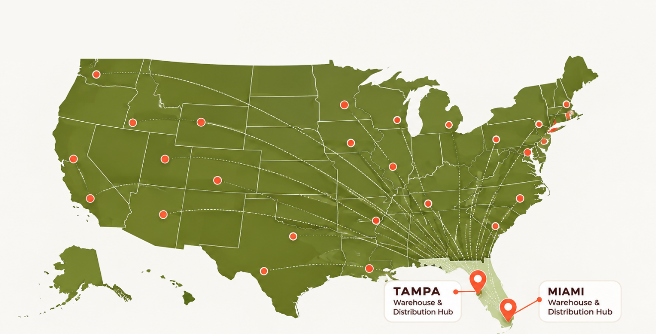 Mapa de Estados Unidos con los hubs de Tampa y Miami y rutas de despacho a todo el país